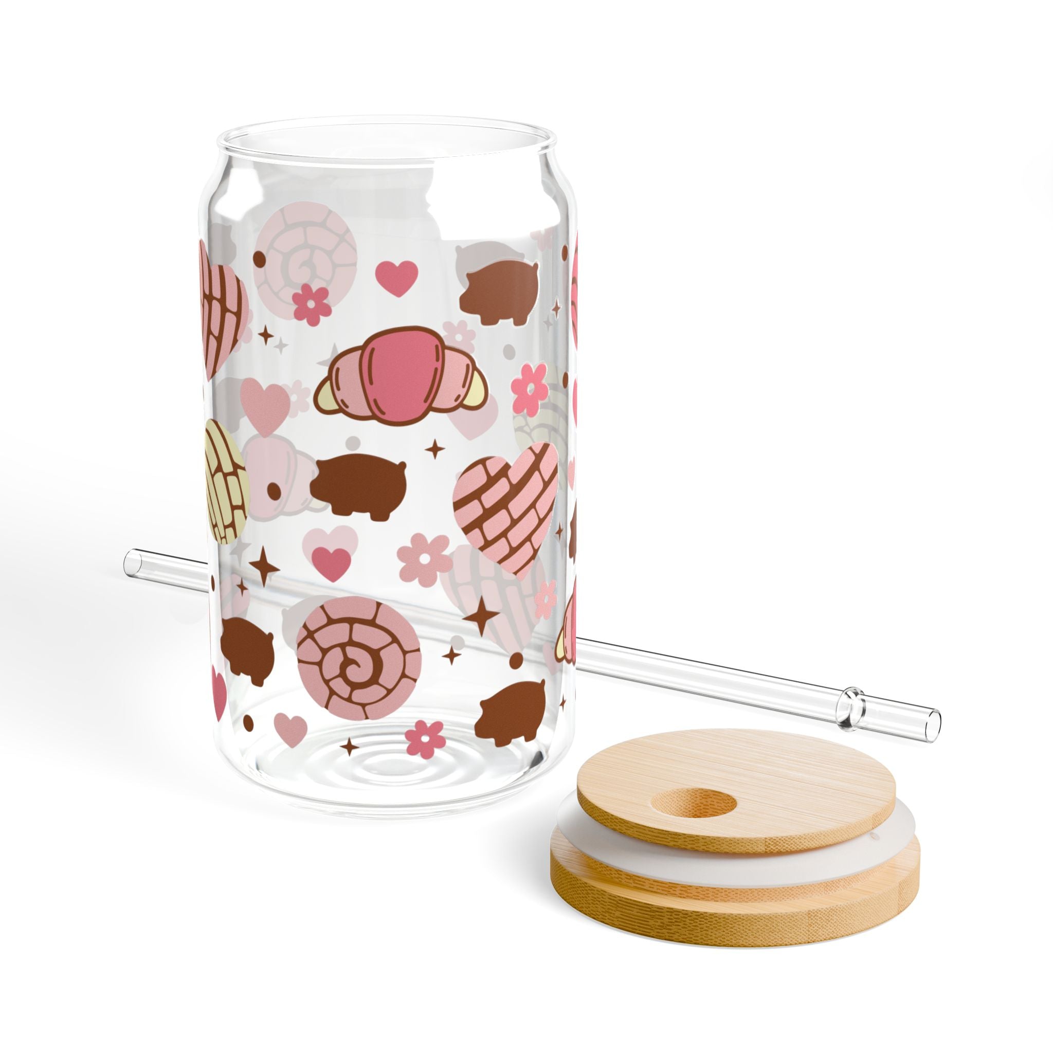 16oz Cookie Hearts Sipper Glass – Cute Pastry Pattern Tumbler with Straw