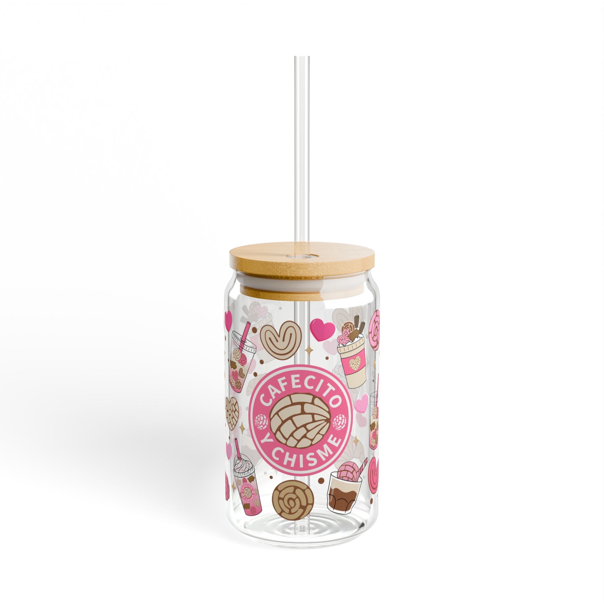 Cafecito y Chisme 16oz Sipper Glass – Pink Coffee & Pastry Straw Tumbler