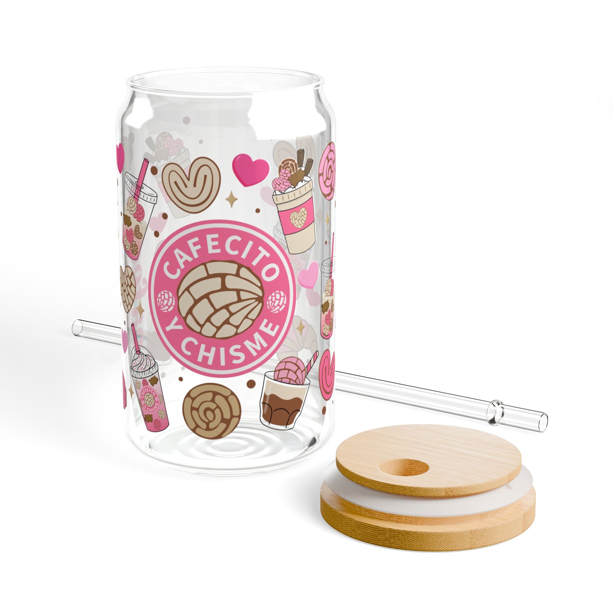 Cafecito y Chisme 16oz Sipper Glass – Pink Coffee & Pastry Straw Tumbler