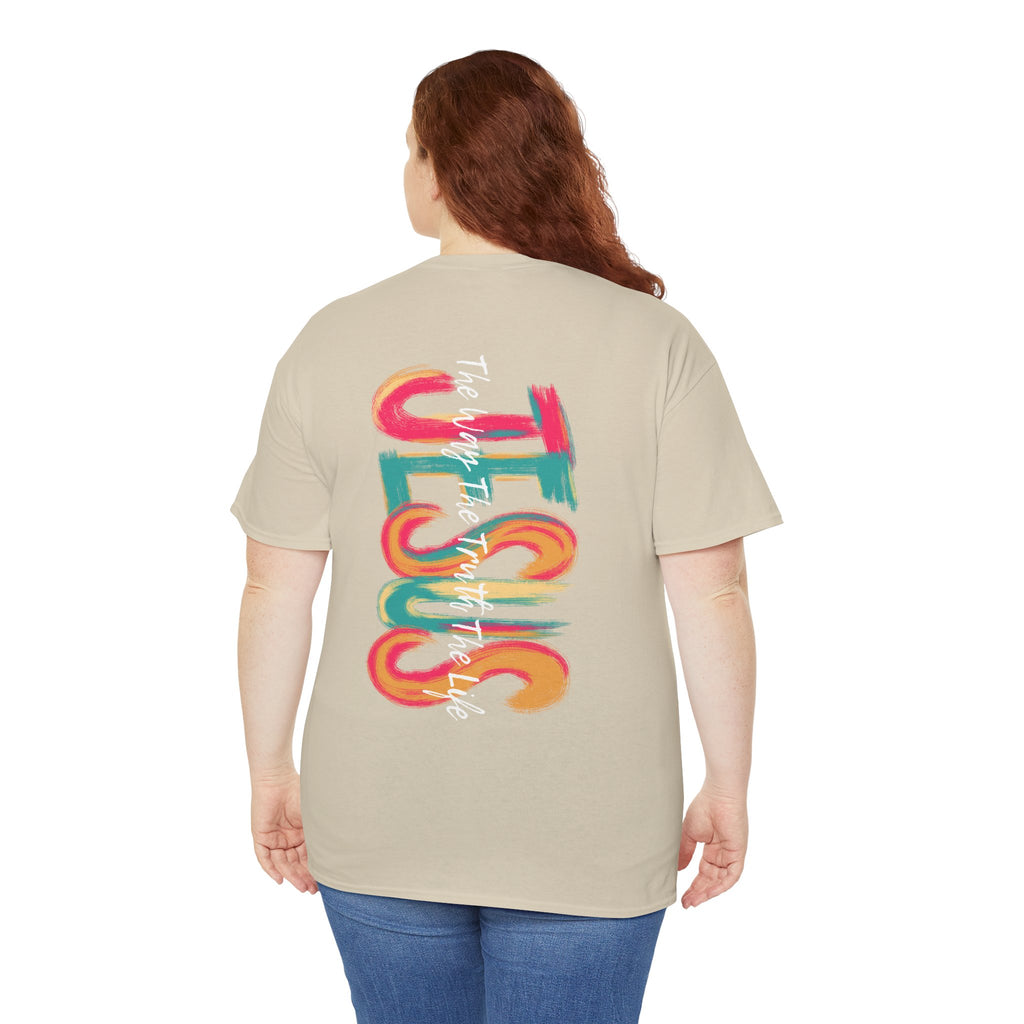 Jesus Cross Tee — Colorful Brushstroke Christian T‑Shirt