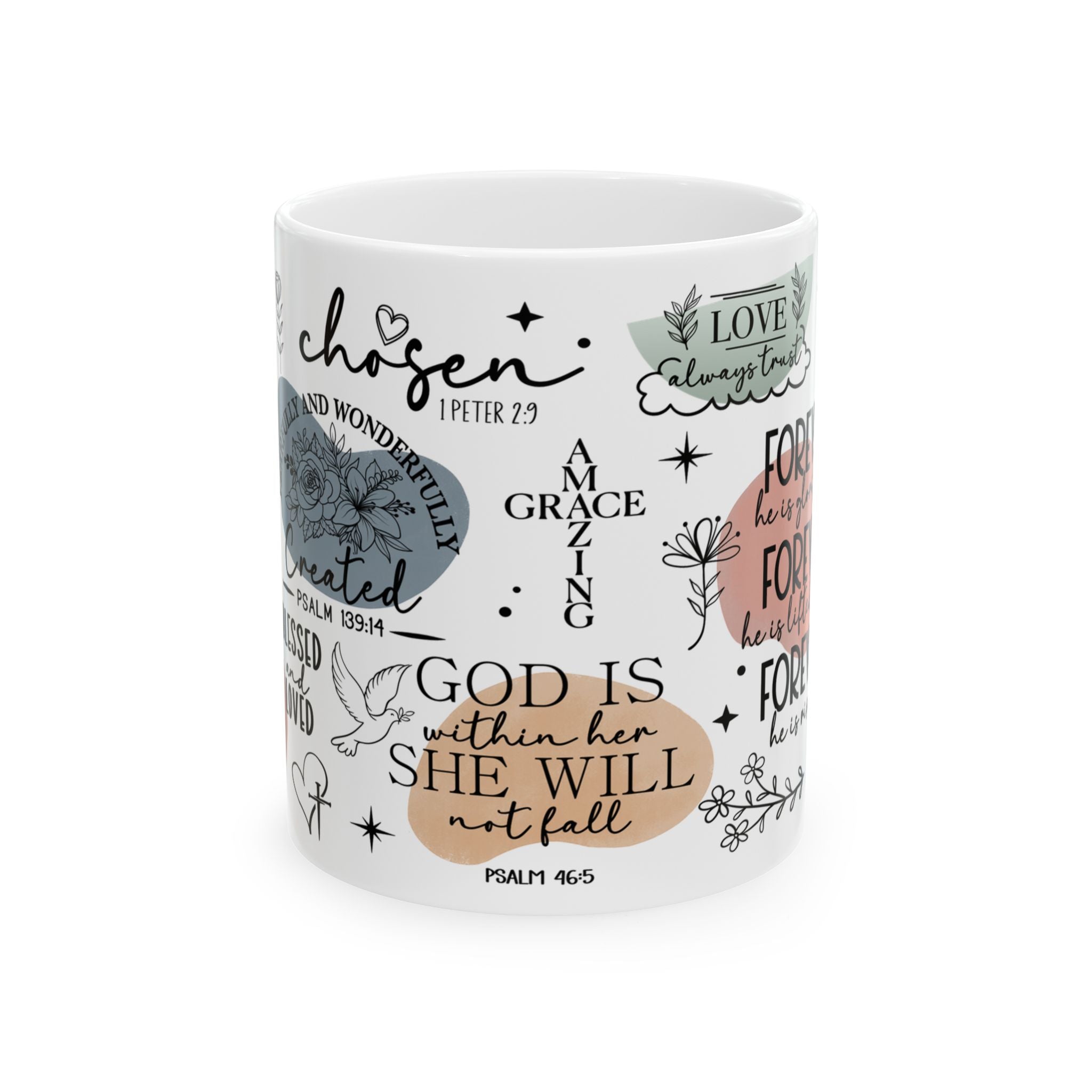 Faith Quotes Ceramic Mug — Inspirational Christian Scripture Coffee Cup (11oz/15oz)